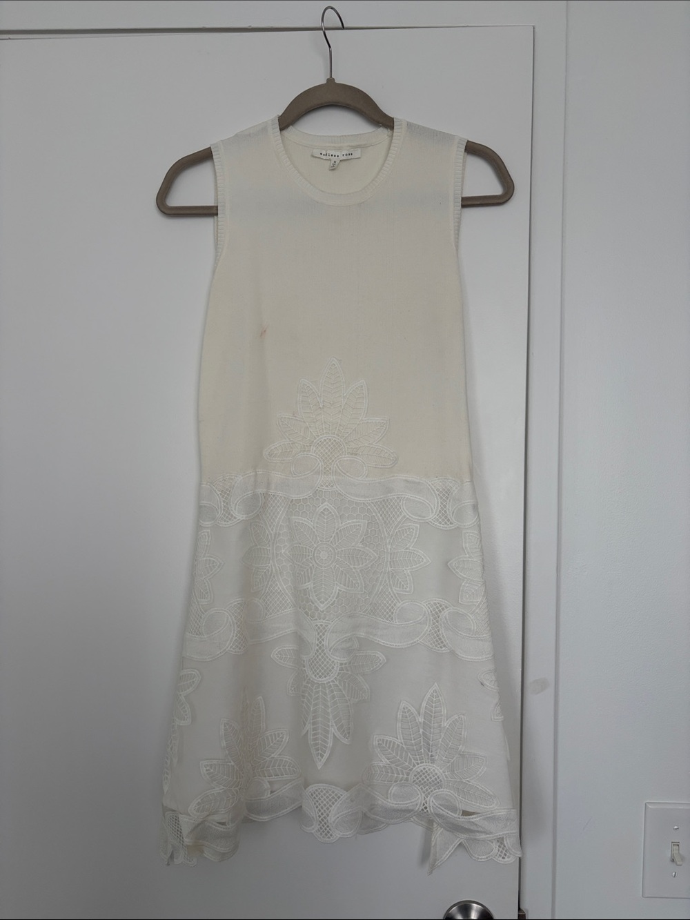 White and Cream Sleeveless Knit Mini Dress with Floral Lace Skirt